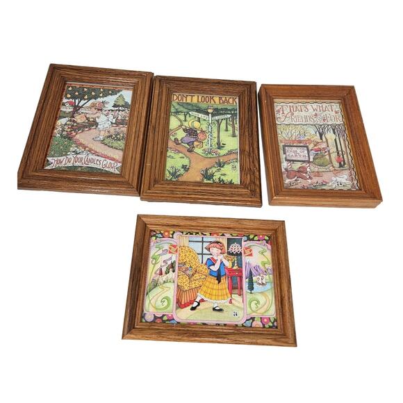 Lot of 4 Mary Engelbreit Small Framed Prints Cottage Vintage 90s Nursery Cute - Picture 1 of 5